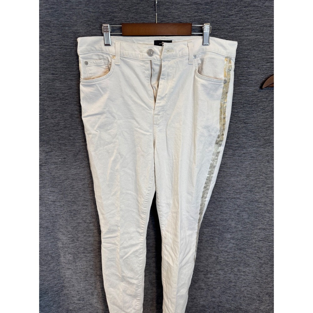 7 For All Mankind Women White Skinny Jeans Gold Metallic Side Stripe Size 31